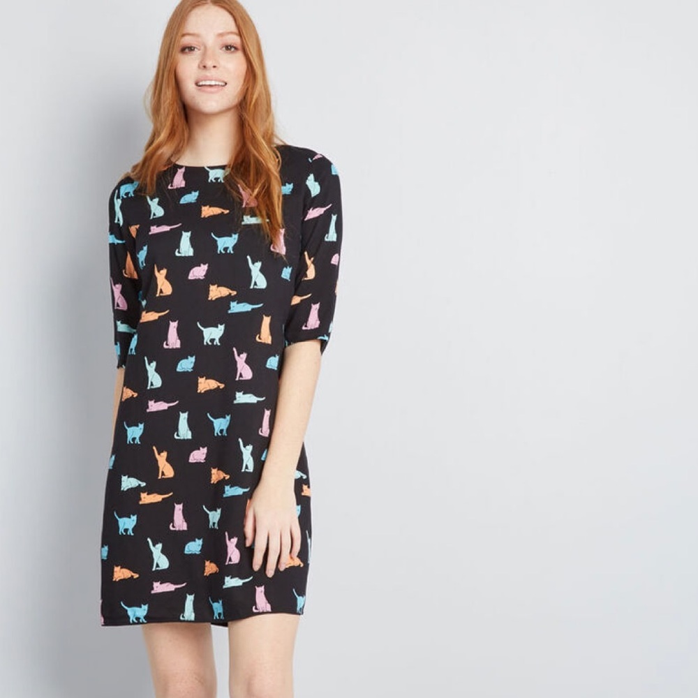 EUC 😻Modcloth Never Enough Cats Multicolor Shift Dress😻